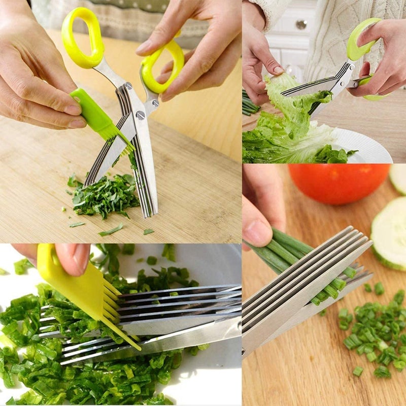 INVODA Herbal Scissors Stainless Steel 5 Blade Kitchen Scissors Mince Fresh Herbs & Leafy Greens Kitchen Gadgets Herb Cutter whit Cleaning Comb (Green) - Image 4